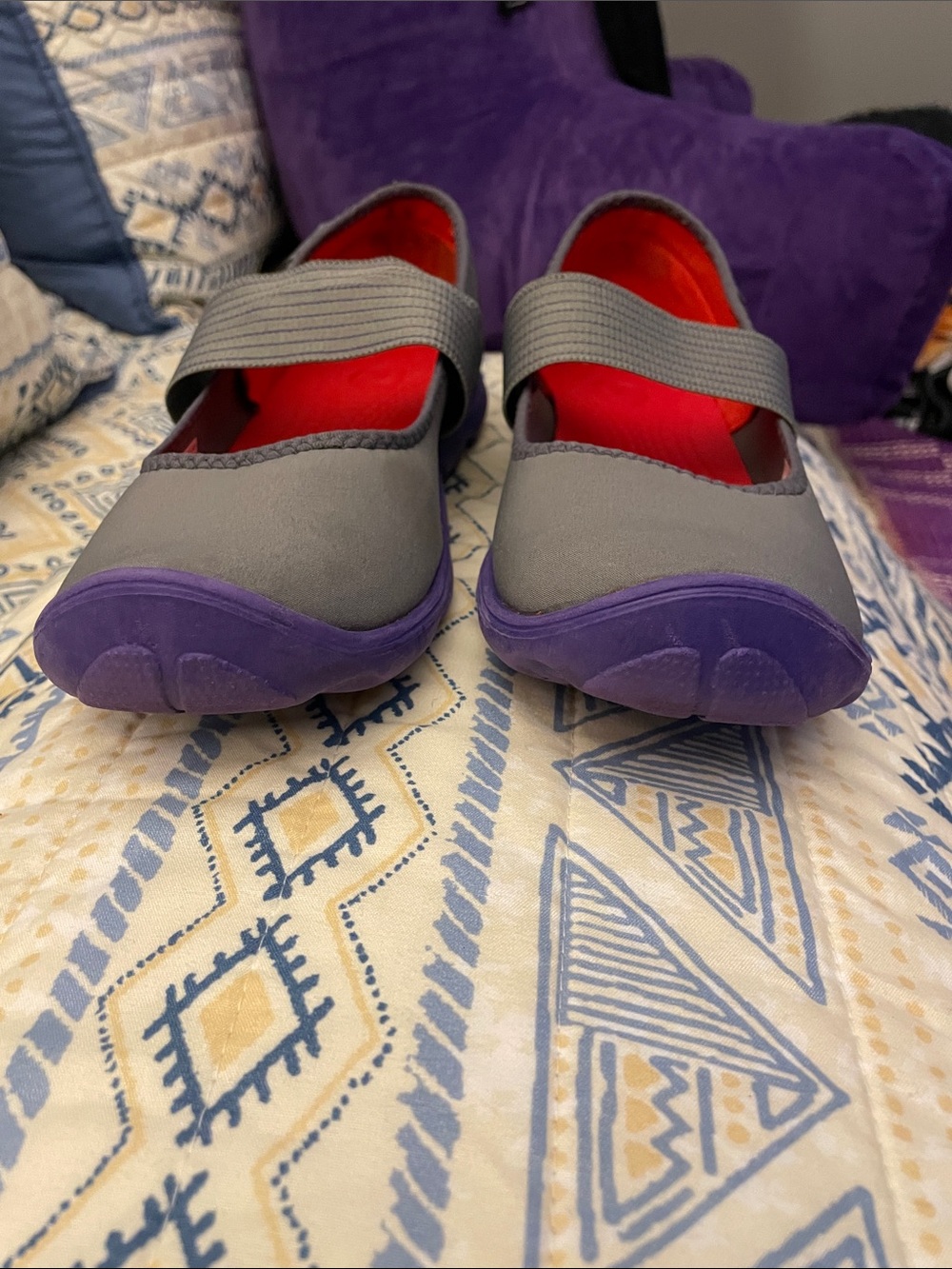 CROCS Gray Mary Jane Flats with Purple Trim and Red Insole - Picture 2 of 7